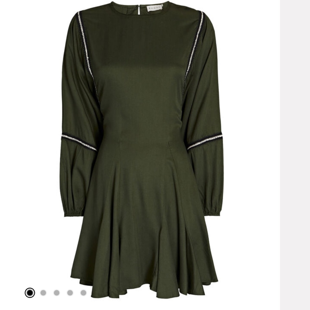 RHODE Saskia Mini Dress Puff Long Sleeve Crochet Trim in Forest Green